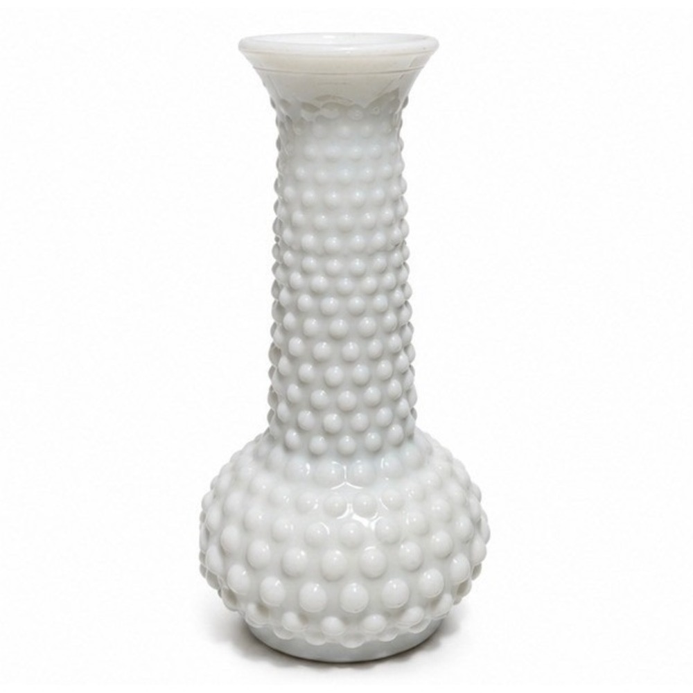 Fenton Style White Milk Glass Hobnail Bud Vase 8 Inch Vintage Mid Century Modern